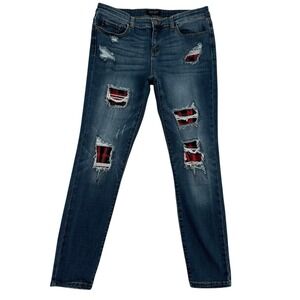 Judy Blue Skinny Fit Jeans Distressed Plaid Patches Dark Wash Women's Size 15 32